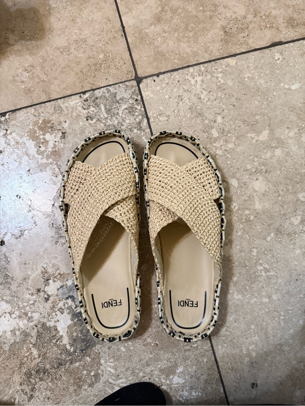 Fendi Beige Woven Crisscross Slide Mules